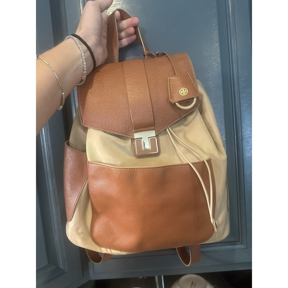 Tory Burch Penn Backpack Tan Nylon Brown PU Leather Pockets Handbag Purse